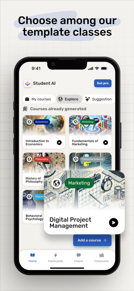 경제학 마케팅 및 철학과 같은 AI 생성 템플릿 과정 선택을 보여주는 모바일 앱 화면