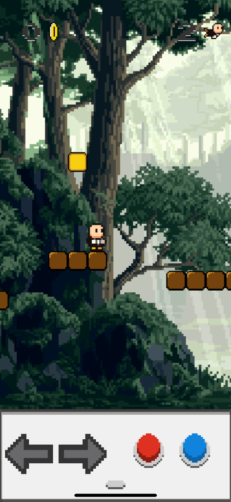 Super Bros! - A retro 8-bit pixel art platformer screenshot of Super Bros featuring a forest level and on-screen gamepad controls.