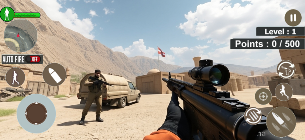 FPS Shooting Game: Battle Game - First person view of an elite soldier with an assault rifle in a desert combat zone