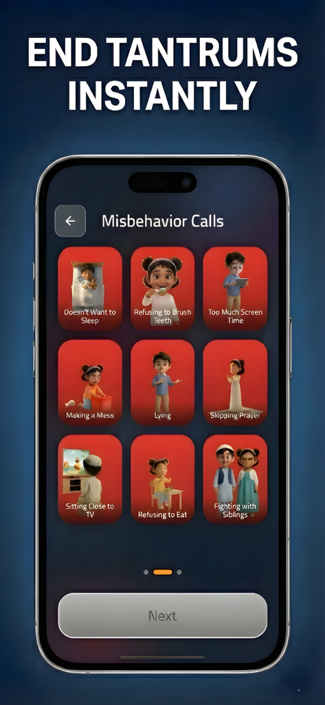 Kids Police: Fake Call Prank - Interface showing various misbehavior call categories in the Kids Police app