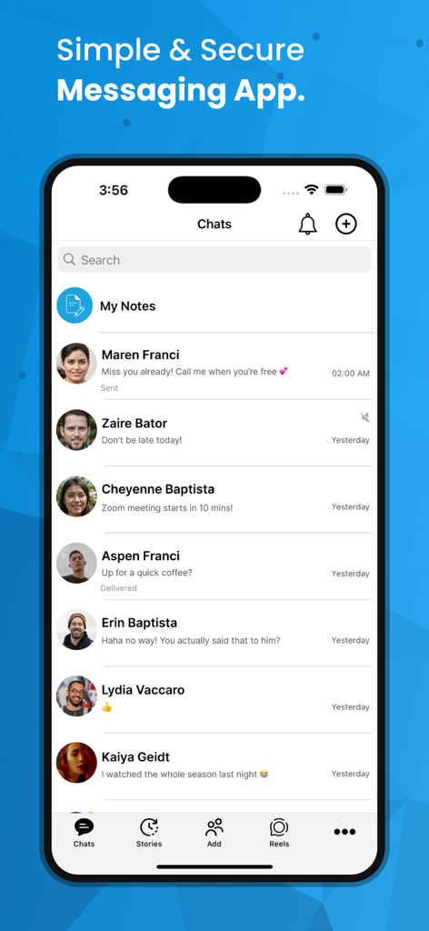 Una pantalla de teléfono inteligente que muestra la lista de chats de KT Messenger con conversaciones activas y perfiles de usuario