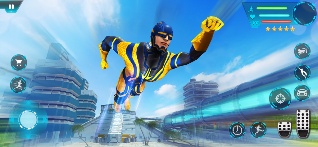 Super Hero City Rescue Sim - Superhéroe azul y amarillo volando a través de una ciudad futurista