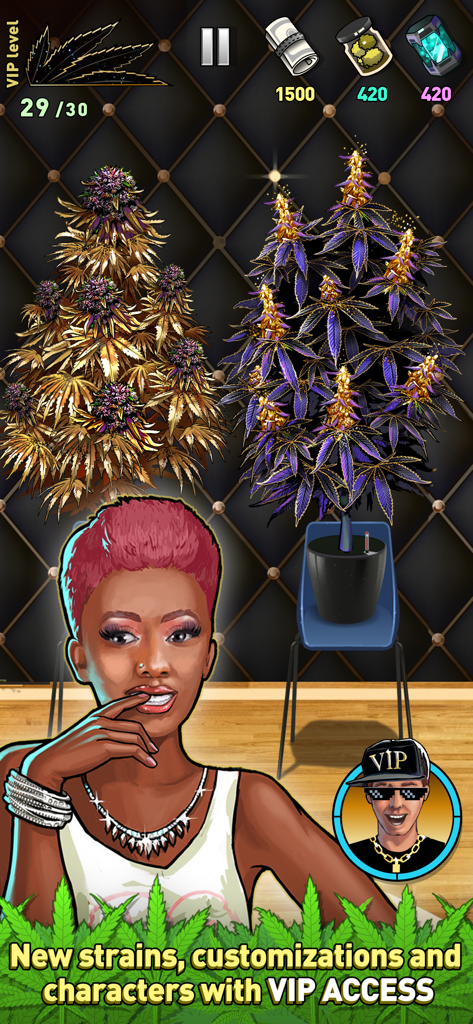 Weed Firm 2: Back To College - Weed Firm 2 gameplay showing a character and exclusive plant strains available with VIP access.