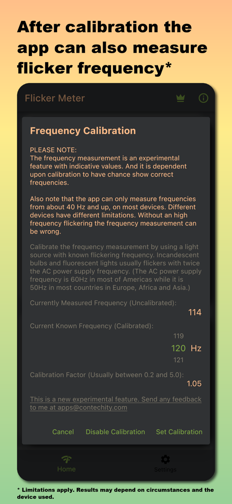 Flicker Meter for Light - PWM - Oberfläche der Flicker Meter App, die die Frequenzeinstellungen zur Messung von Lichtflimmern in Hz zeigt