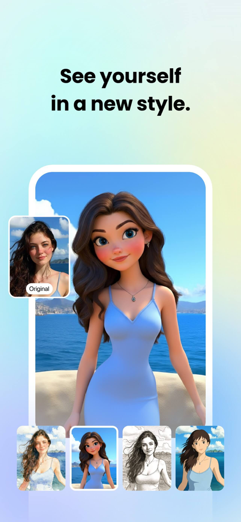 Fotor app showing a woman's portrait transformed into various AI art styles including 3D cartoon and anime.