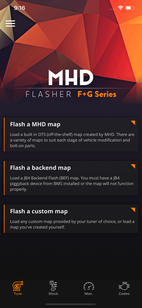 Pantalla de la aplicación MHD Flasher mostrando opciones de selección de mapas de ajuste para las series F y G de BMW