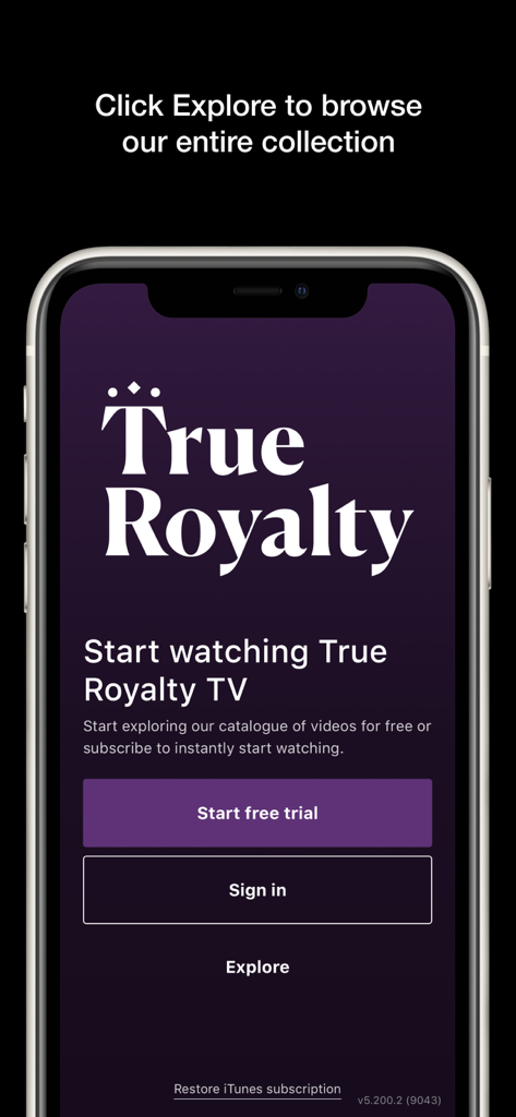 True Royalty TV - True Royalty TV app splash screen with sign in and free trial options