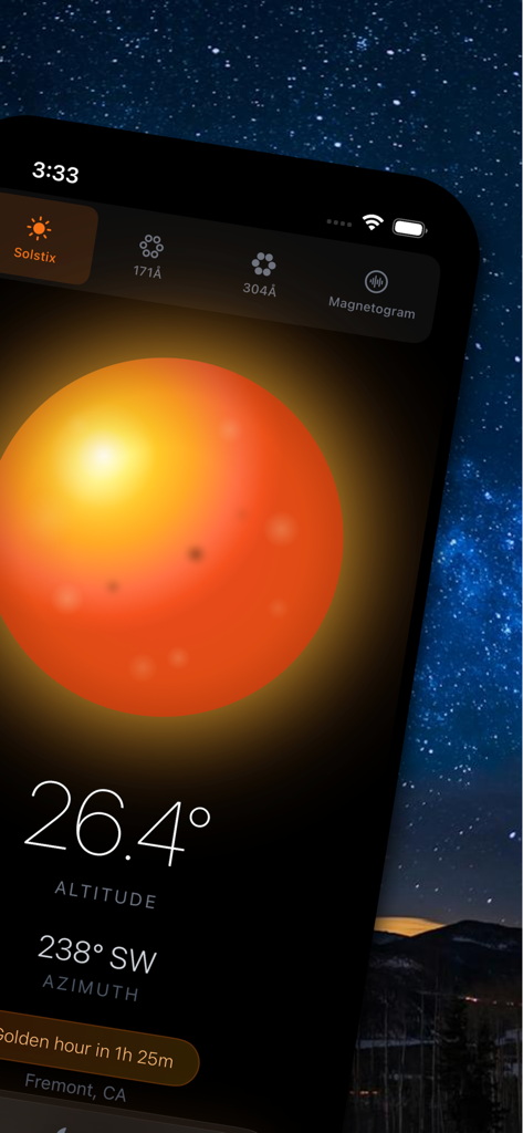 Solstix - Solstix app interface showing sun altitude and azimuth data with a golden hour countdown