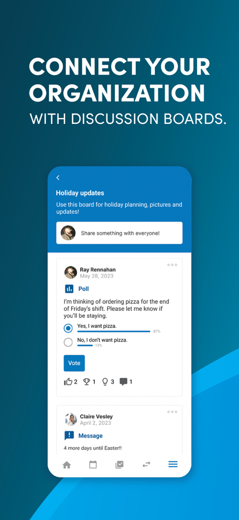 SF ESS app screen showing a discussion board with an employee poll and team updates