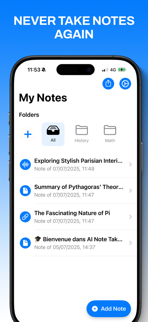 AI Note Taker: Voice Summary - Interfaz de la aplicación AI Note Taker mostrando la pantalla Mis Notas con carpetas de Historia y Matemáticas y una lista de notas resumidas.
