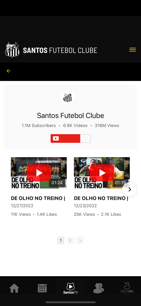 Santos FC - Official Santos FC app interface displaying the Santos TV video channel and training content