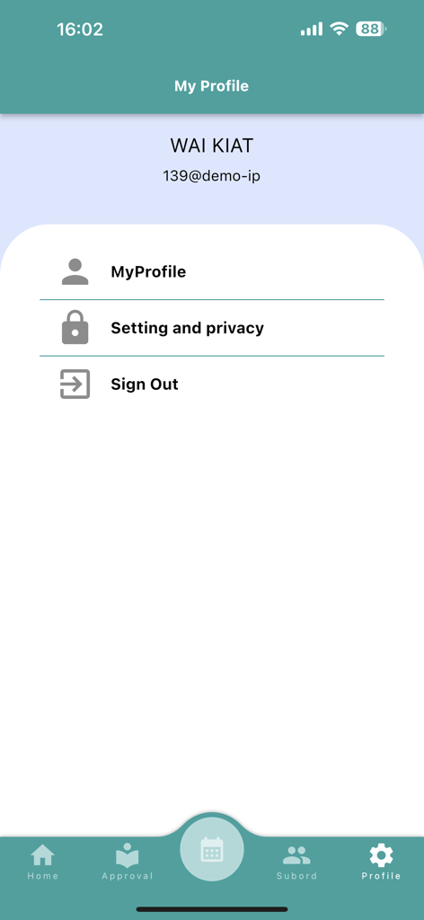 Pantalla de perfil de usuario y configuración de la aplicación móvil HR2000 iPayroll