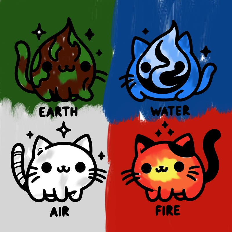 4 cats that represent the different elements, earth, water, air, and fire