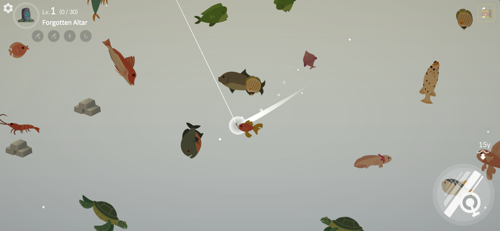 Casting Away - Underwater fishing gameplay in Casting Away featuring various fish and sea creatures.