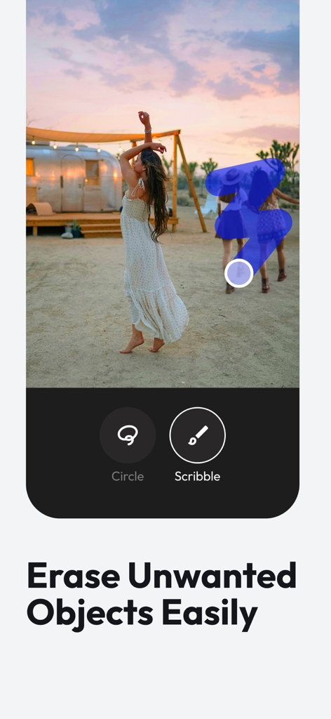 Blend: AI Models Logos Videos - A mobile screen showing the Blend app's feature to erase unwanted objects from a photo using a scribble tool.