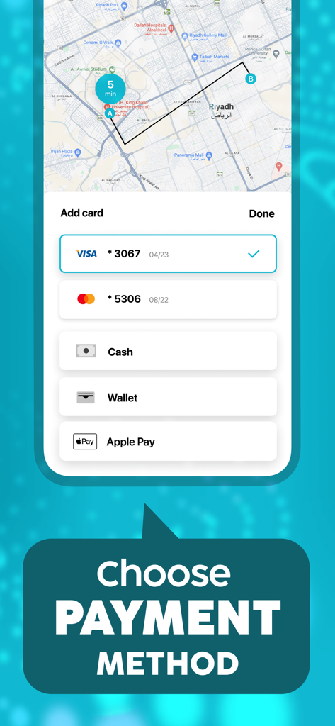 Wsslini app interface showing various payment options including Visa, Mastercard, Cash, Wallet, and Apple Pay.