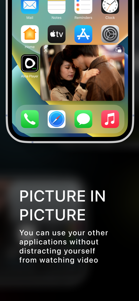 Alice Player IPTV Ott - Aplicación Alice Player IPTV mostrando vídeo en modo picture-in-picture en la pantalla de inicio de un iPhone