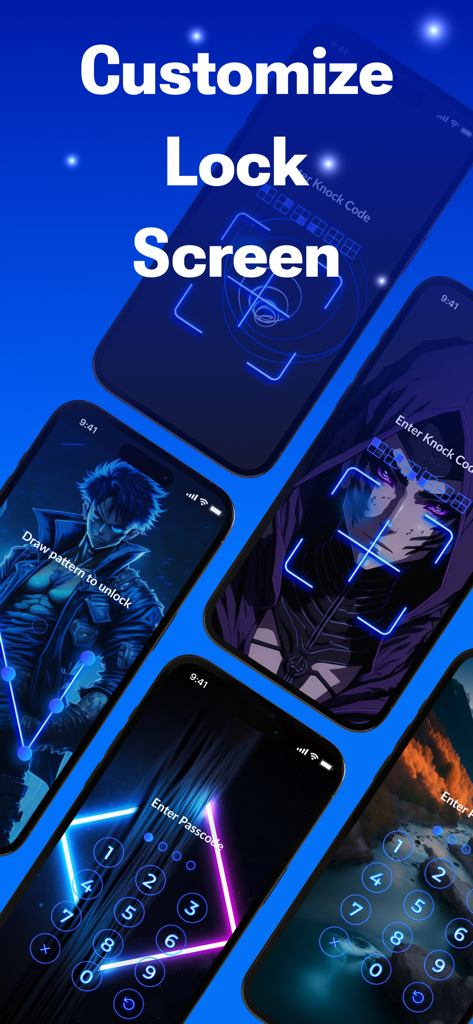 Una colección de temas estilizados de pantalla de bloqueo para AppLock con personajes de anime, diseños de neón y fondos de naturaleza con opciones de desbloqueo por código y patrón