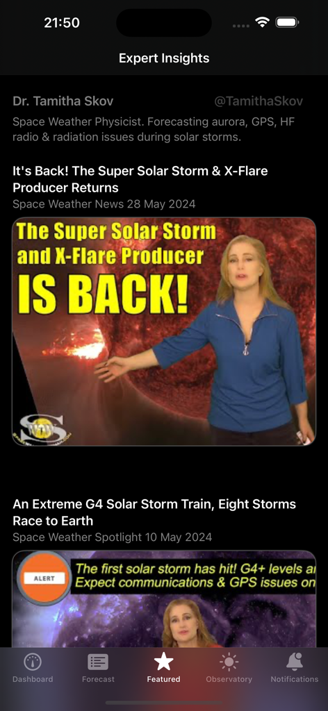 Aurora - Solar Observatory - Featured expert insights section of the Aurora Solar Observatory app showing solar storm reports