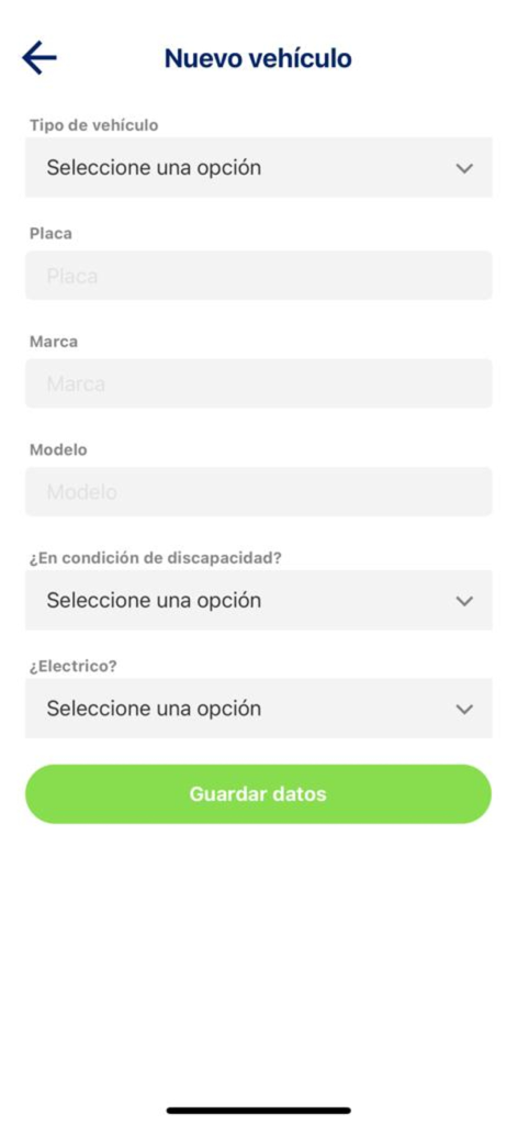 Pantalla de la app ZPP Bogota para registrar un nuevo vehículo mostrando campos para matrícula, marca y modelo