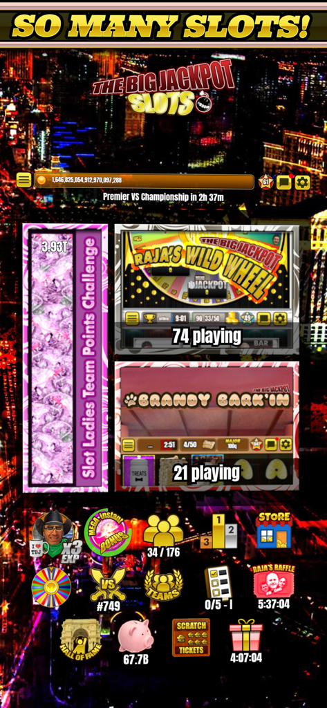 The Big Jackpot app lobby showing various slot game themes and social menu features