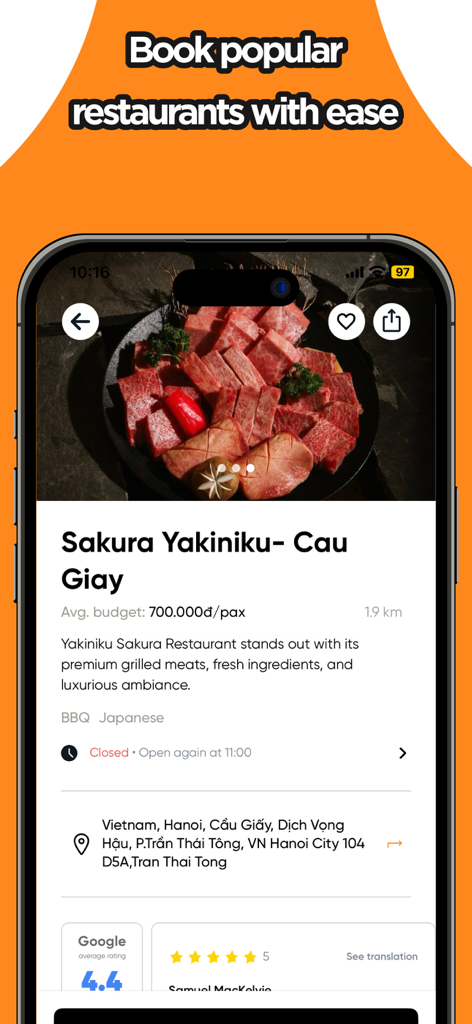Capichi mobile app showing a restaurant profile for Sakura Yakiniku in Hanoi Vietnam with high end BBQ meat photos