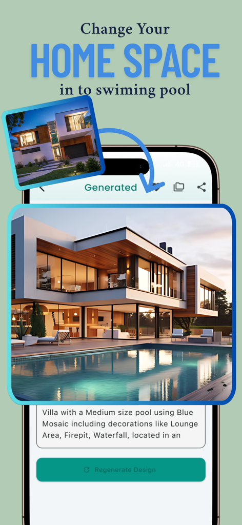 AI Pool Design: Landscape AI - Pantalla de smartphone mostrando el exterior de una casa transformado en una villa de lujo con piscina usando diseño de piscinas con IA