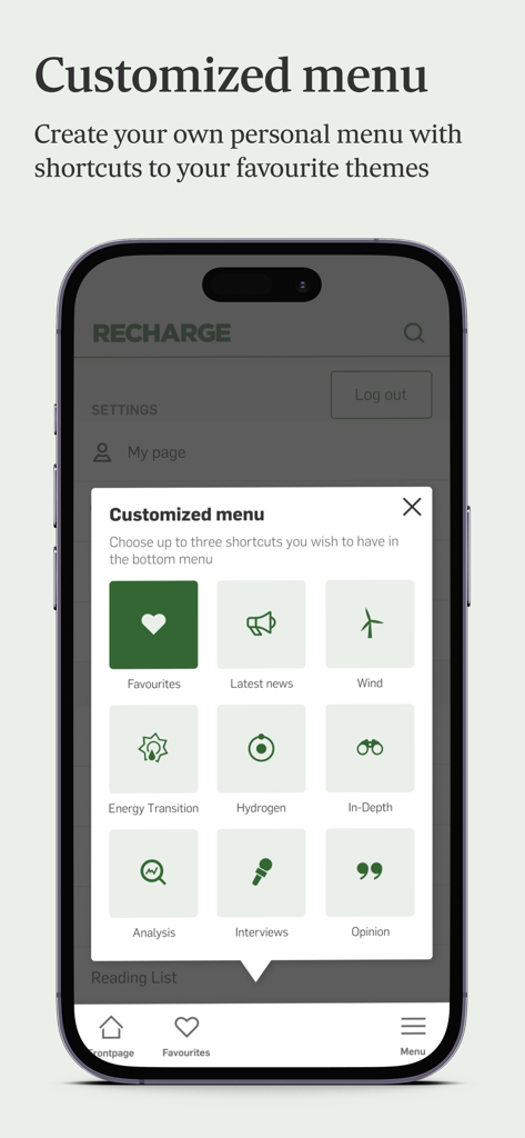 Recharge News - Smartphone screen showing the Recharge News app customized menu for selecting shortcuts to energy sector news themes.