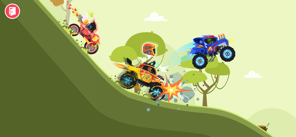 Des monster trucks colorés faisant la course sur une colline verte dans un jeu pour enfants