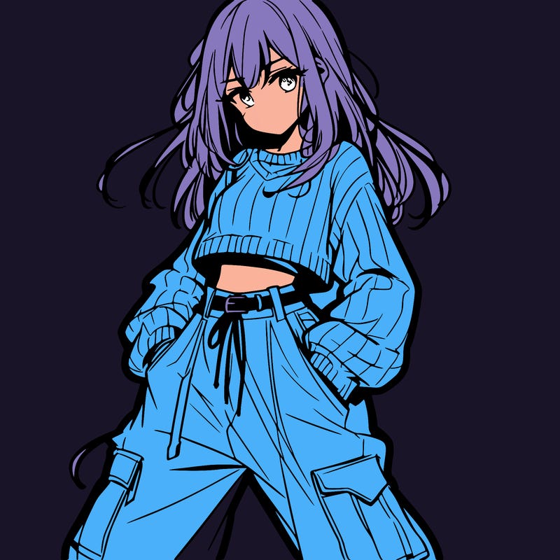 anime teen girl with baggy pants and crop top with sweater