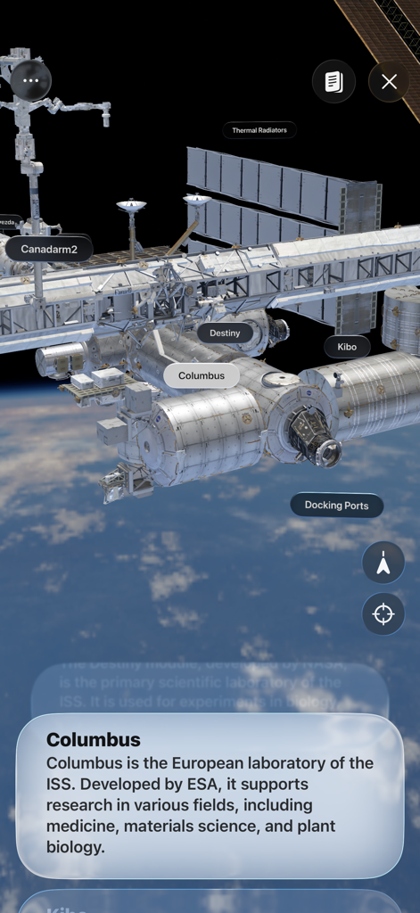 Augmented-Reality-Ansicht der Internationalen Raumstation mit interaktiven Bezeichnungen für Module wie Columbus und Destiny