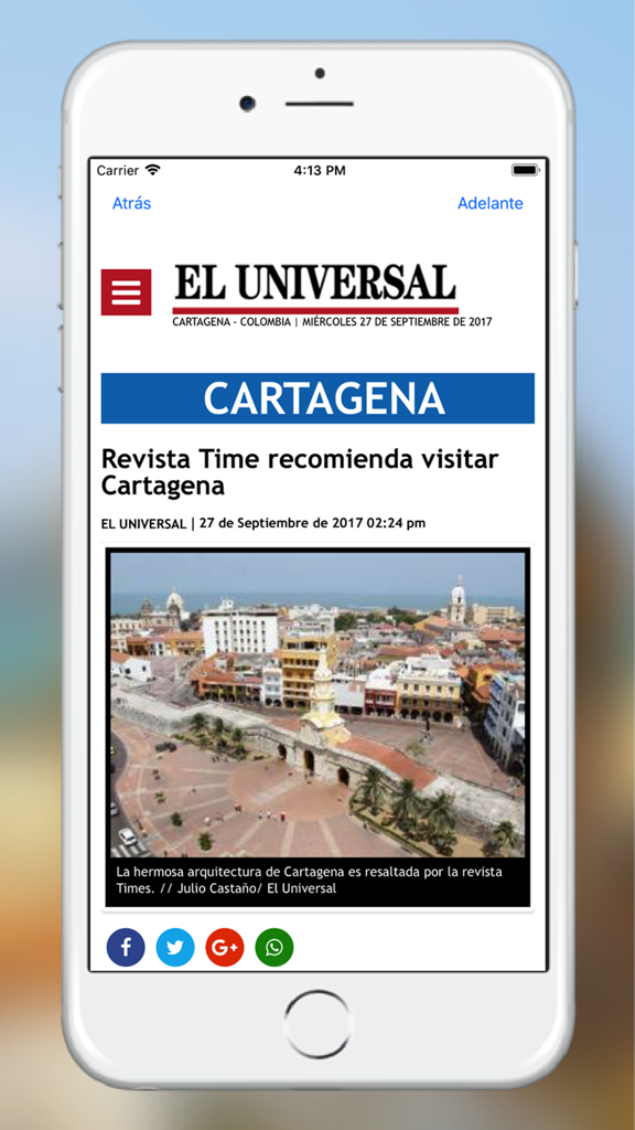 El Universal Cartagena - Artículo sobre Cartagena en la interfaz de la aplicación de noticias El Universal.