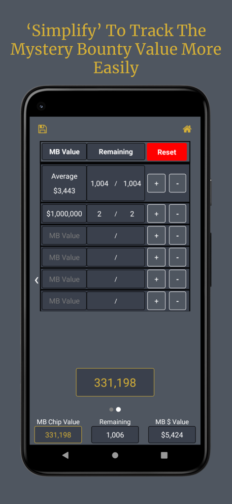MB Poker Calculator Oberfläche zeigt Mystery Bounty Werte und Chip-Umwandlung