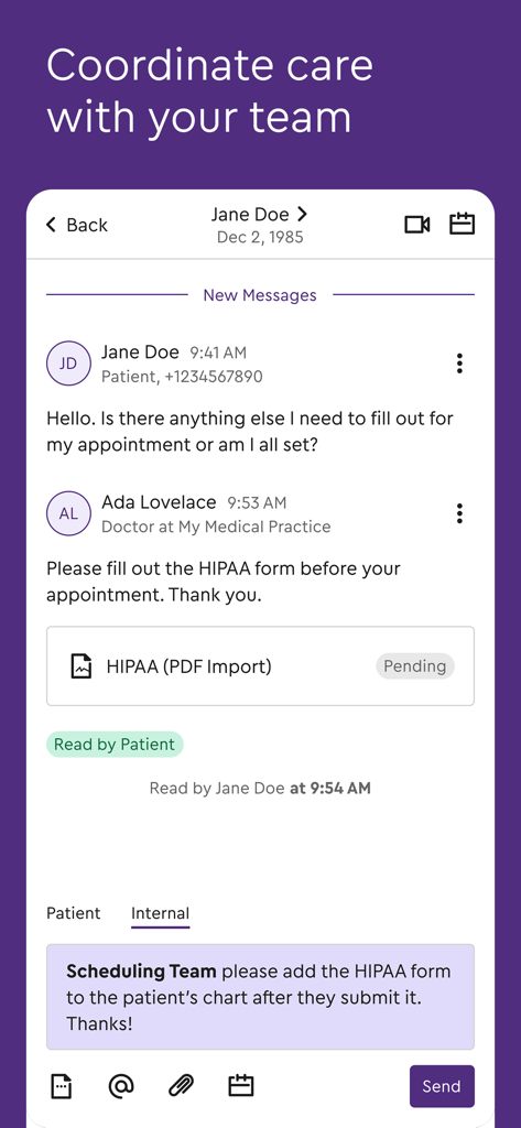 A secure chat window in the Klara app showing communication between a patient and a medical provider with a document attachment.