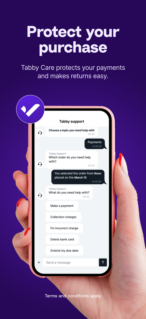 Tabby | Shop Now. Pay Later - Interfaccia di chat di supporto dell'app Tabby che mostra opzioni di protezione degli acquisti e gestione dei pagamenti.