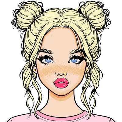 realistic girl with two buns in hair and lips