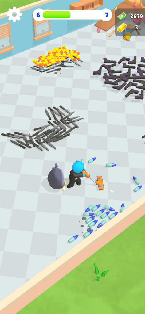 Gameplay screenshot of Murder Cleaner showing a character mopping a floor filled with piles of knives, guns, and bullets.