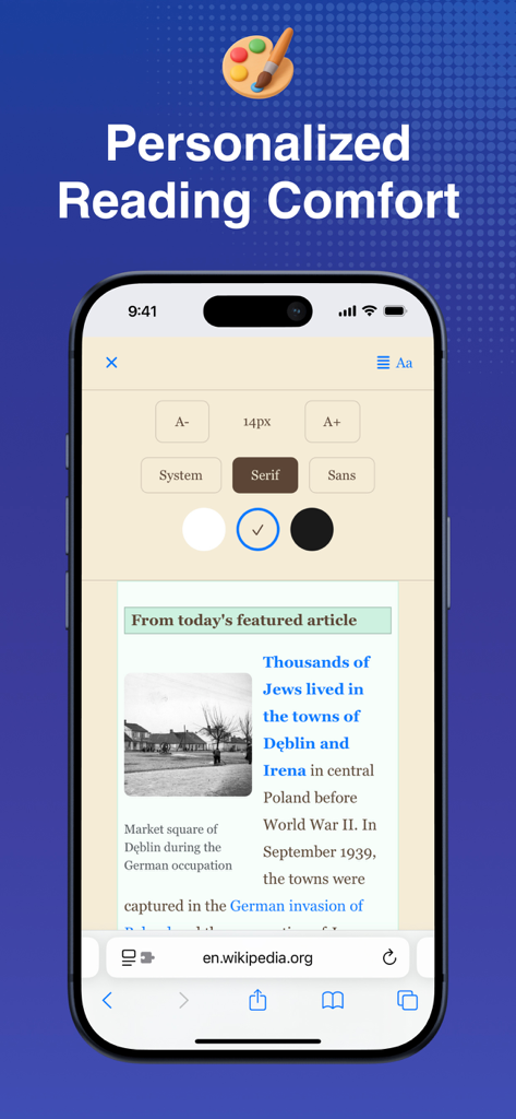 Origin AI: Silent Defense - Personalisierte Lesekomfort-Einstellungen in der Origin AI App, die Schrift- und Farboptionen für Webartikel zeigt