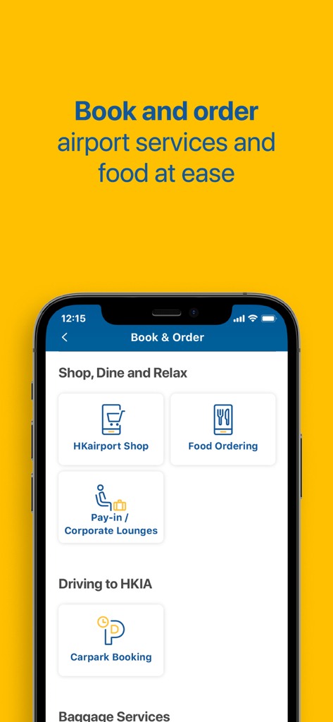 The Book and Order screen of the My HKG app showing options for airport shopping, food ordering, and lounge booking.