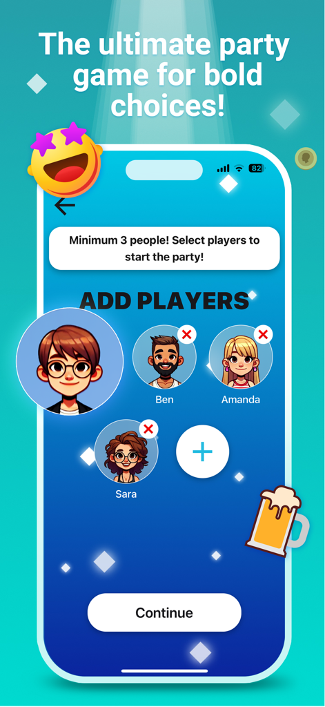 Paranoia - Play With Friends - Setup screen for adding friends to a Paranoia game session with character avatars