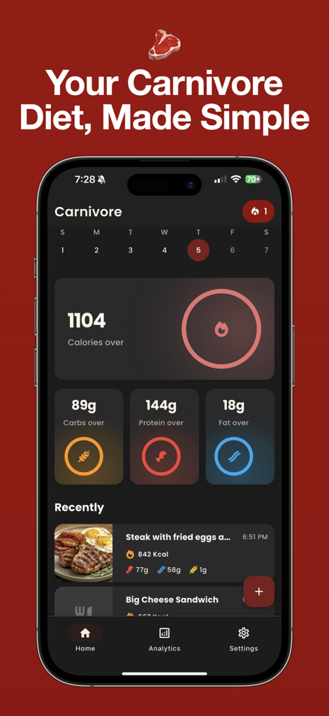Carnivore Diet App Tracker Max - 일일 매크로 목표와 최근 육류 기반 식사 기록이 표시된 카니보어 다이어트 앱 트래커 맥스 인터페이스 스마트폰