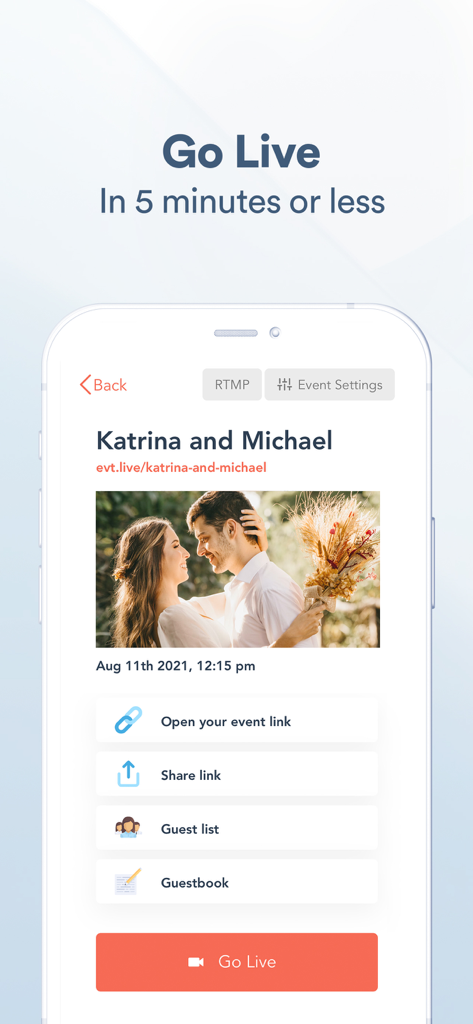 EventLive－Live Stream Event - EventLive-App-Oberfläche, die die Einrichtung eines Hochzeits-Livestream-Events für Katrina und Michael mit Optionen zum Teilen des Links und zur Verwaltung der Gästeliste zeigt.