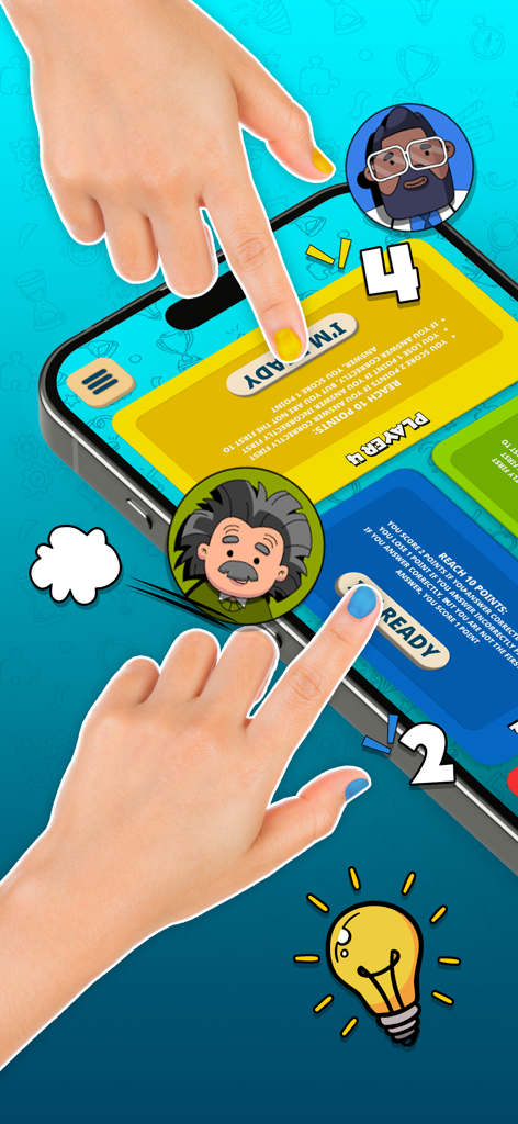 Jogo de trivia multijogador jogado por duas pessoas em um único smartphone