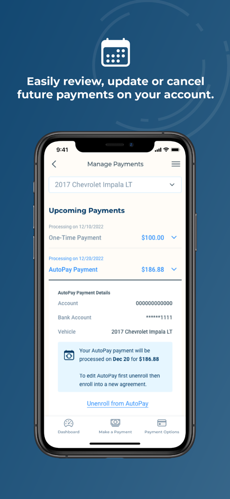Bridgecrest app interface showing upcoming one-time and AutoPay vehicle payments