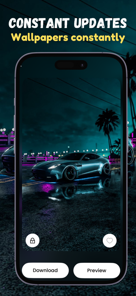 Car Wallpaper 4k - Una interfaz de aplicación móvil que muestra un fondo de pantalla de coche deportivo de alta resolución en una calle mojada por la noche con opciones de descarga y vista previa