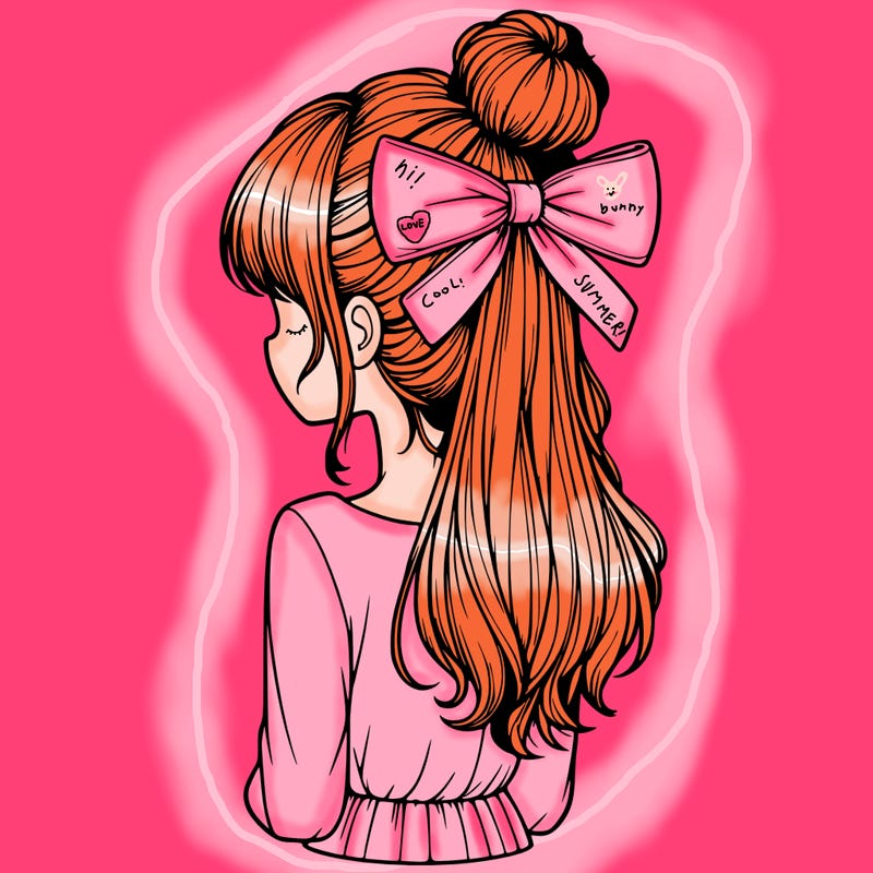 realistic girl  with hip length hair a bun and a big bow on the back of head