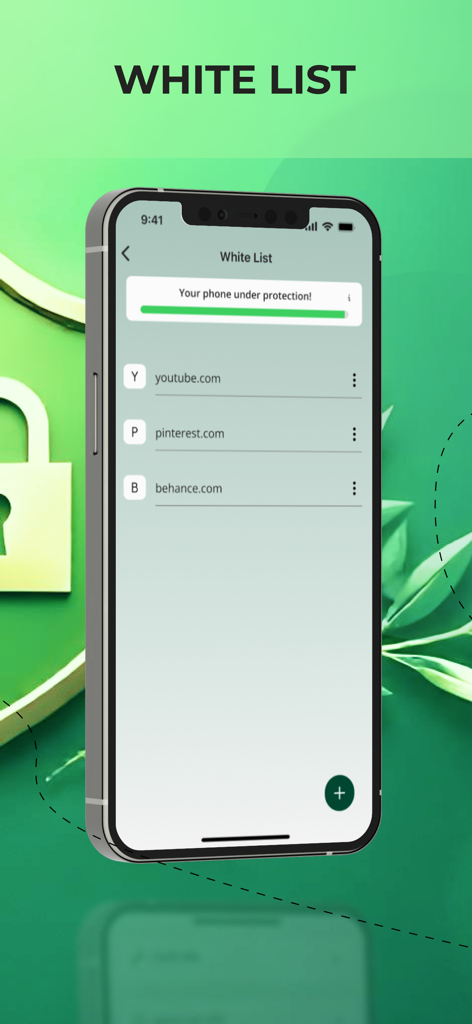 AI Ad Blocker: Safari Adblock - Interfaccia dell'app AI Ad Blocker che mostra la schermata White List con YouTube, Pinterest e Behance aggiunti come eccezioni.