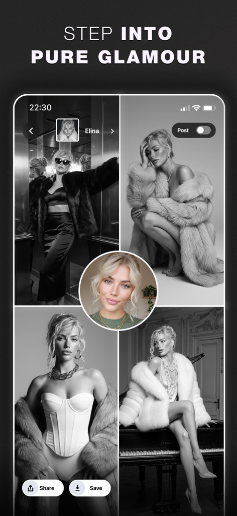 Glam AI: Video & Photo Editor - Glam AI App-Oberfläche, die ein zentrales Selfie zeigt, das in vier High-Fashion schwarz-weiße Studiofotos verwandelt wurde.