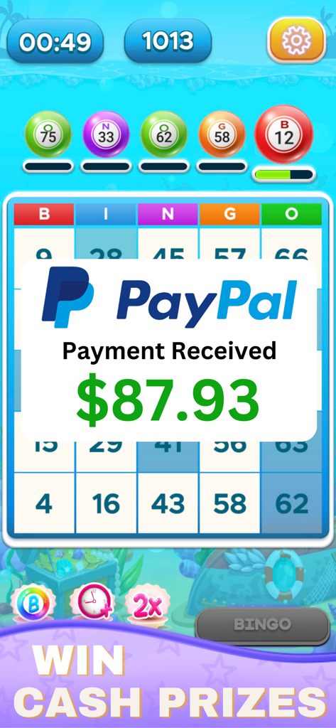 Real Bingo - Win Cash Prizes - Partida de Bingo Real con temática submarina y notificación de PayPal por ochenta y siete dólares en premios en efectivo