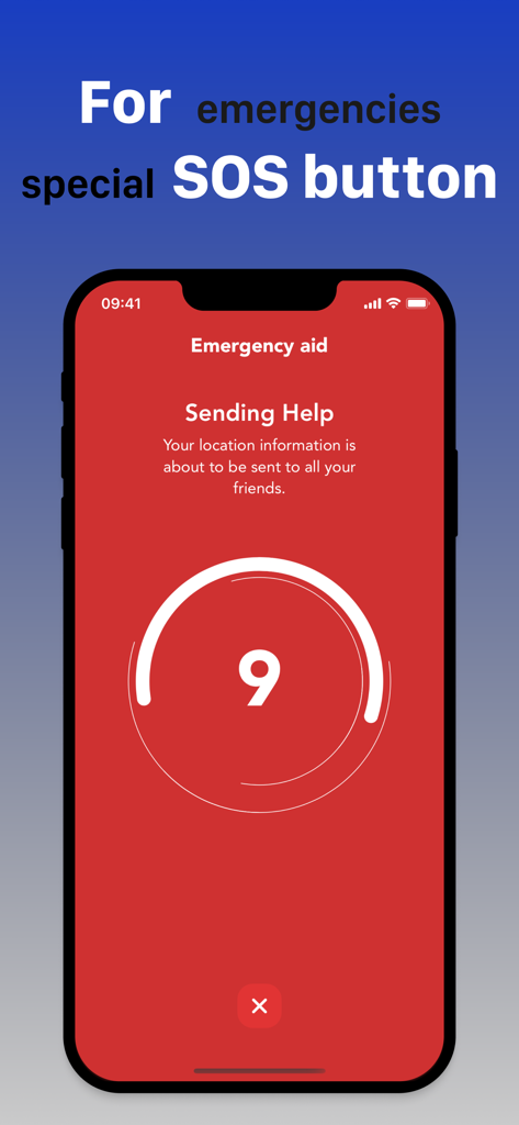 Location Finder - LocateX - Emergency aid screen of LocateX app showing a countdown timer for sending SOS location to friends